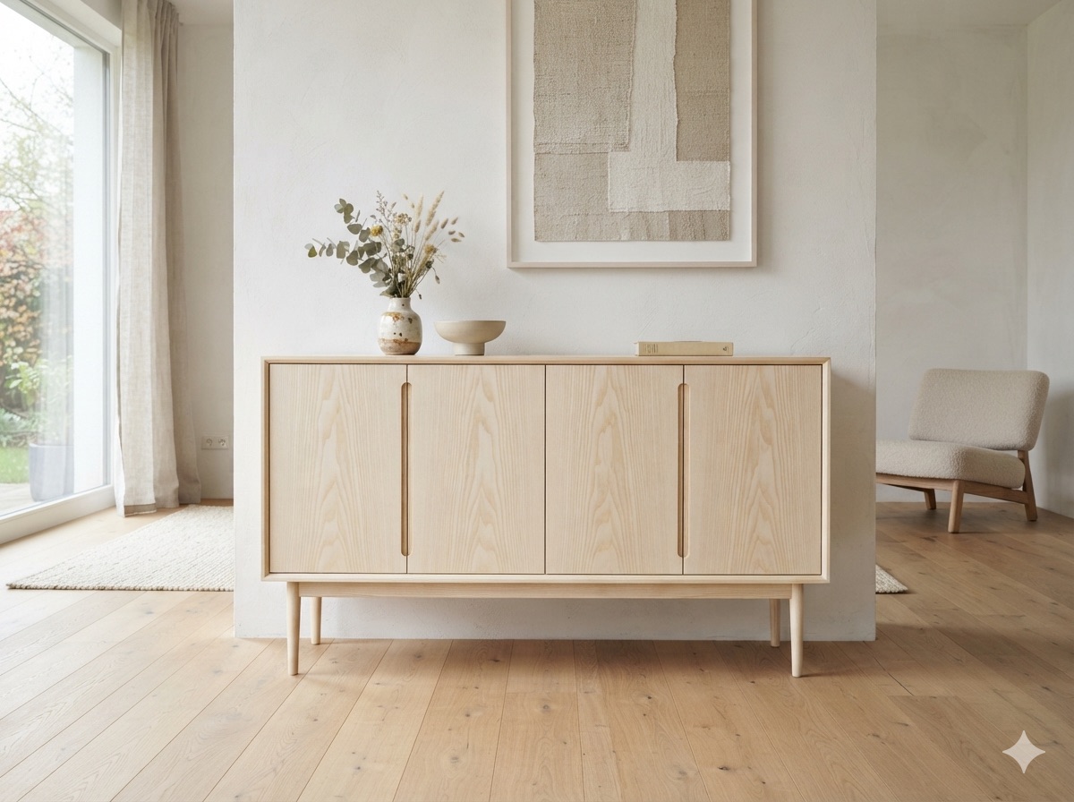 Helles Sideboard aus Esche in einem lichten Raum